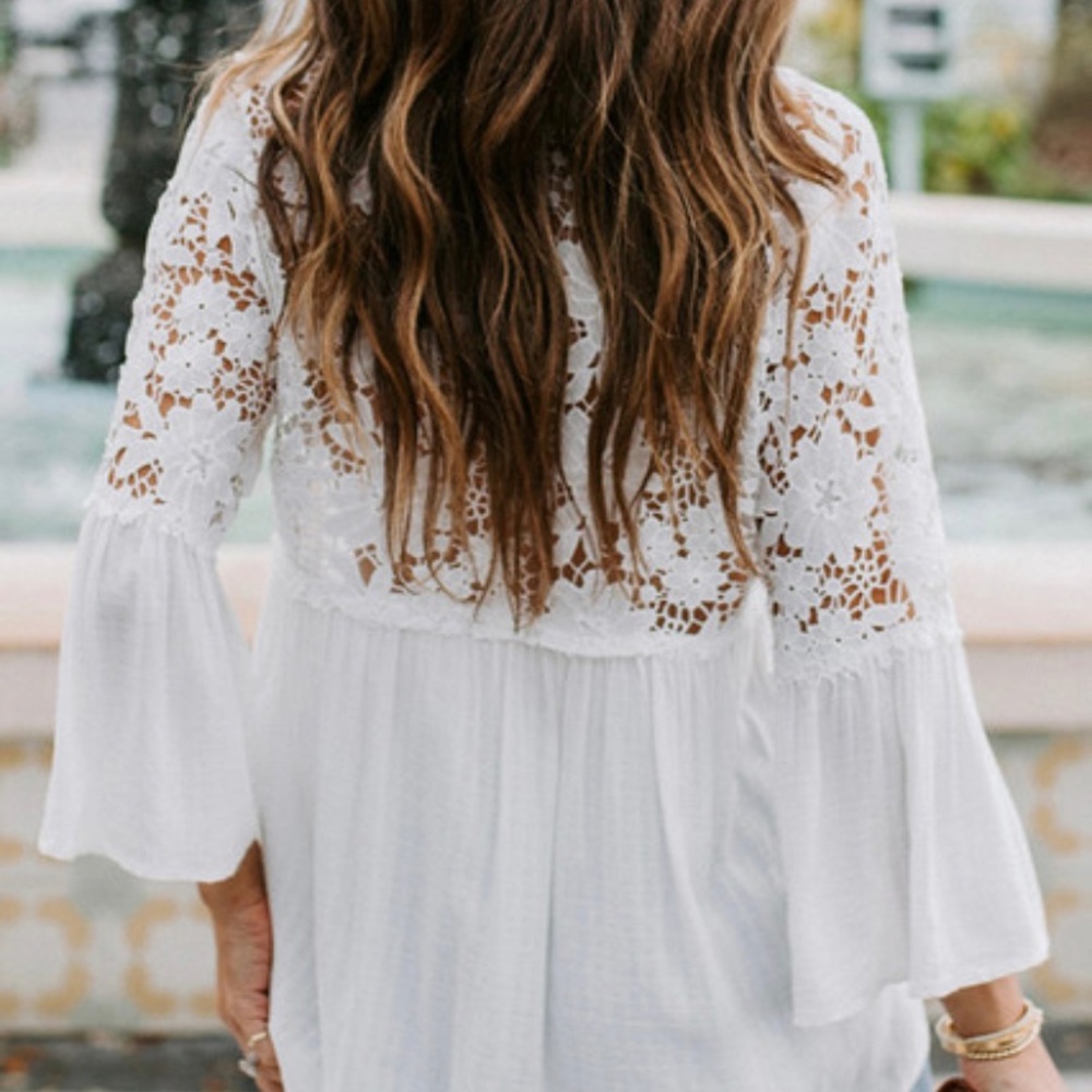 New Boho White Lace Button Front Blouse Top - Picture 3 of 11